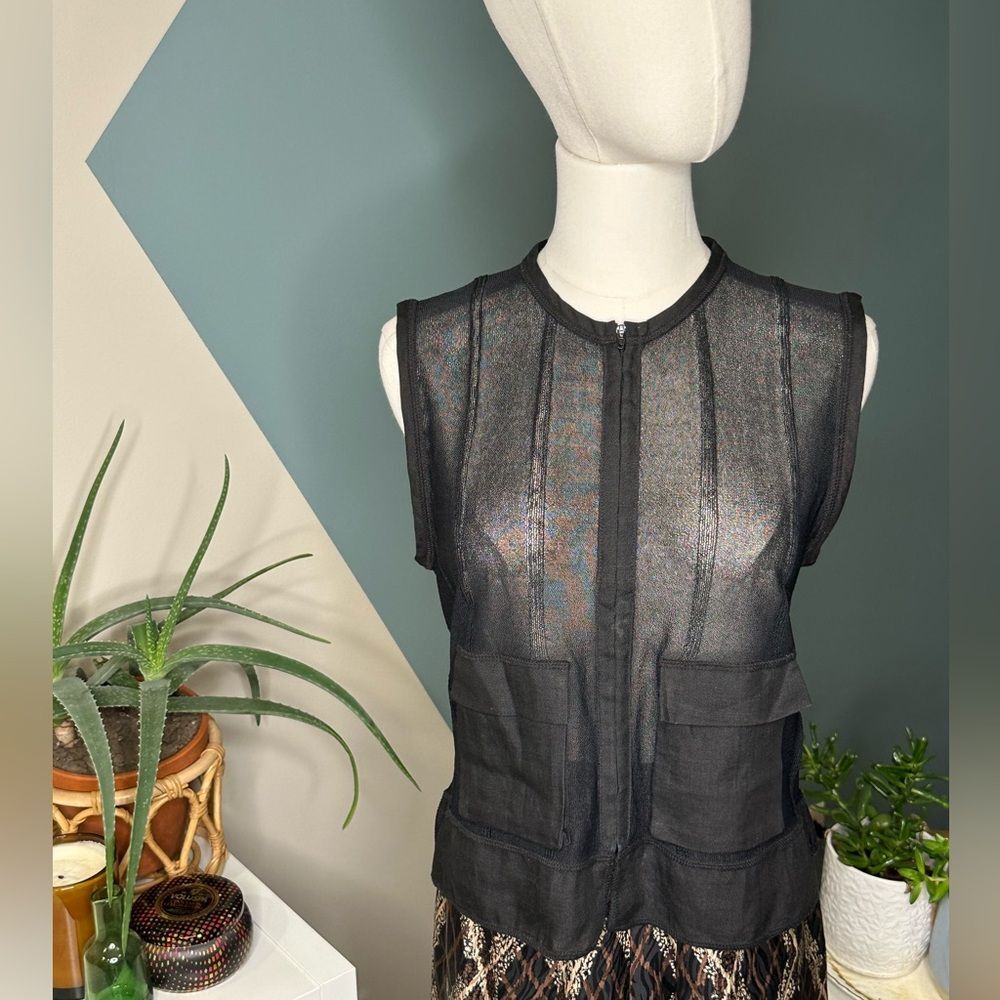 Black Sheer Utility Vest Layering Piece Linen Zip-Up Sleeveless Top Size Small - Picture 2 of 12